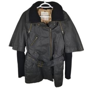 Notations Black Belted Faux-Leather Cape Jacket with Knit Sleeves